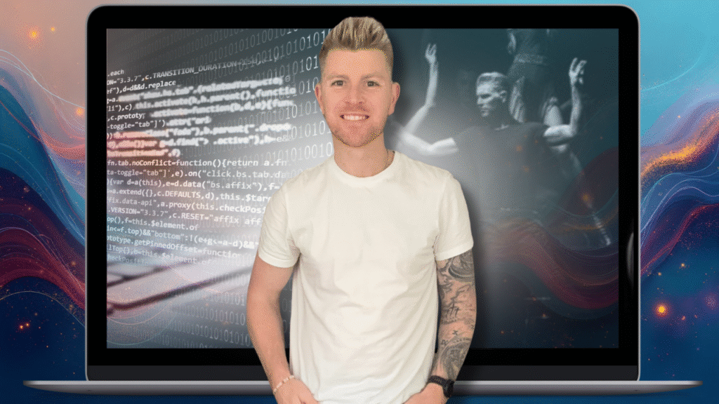 A portrait of Stephen Vincent merging two worlds — coding and dance — representing creativity and logic working in sync.